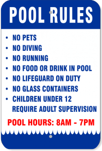 White Sign w/ Blue Border, Blue and Red Text - "Pool Rules"