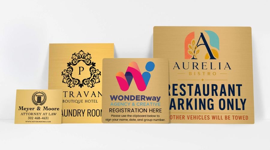 an array of different brass signs