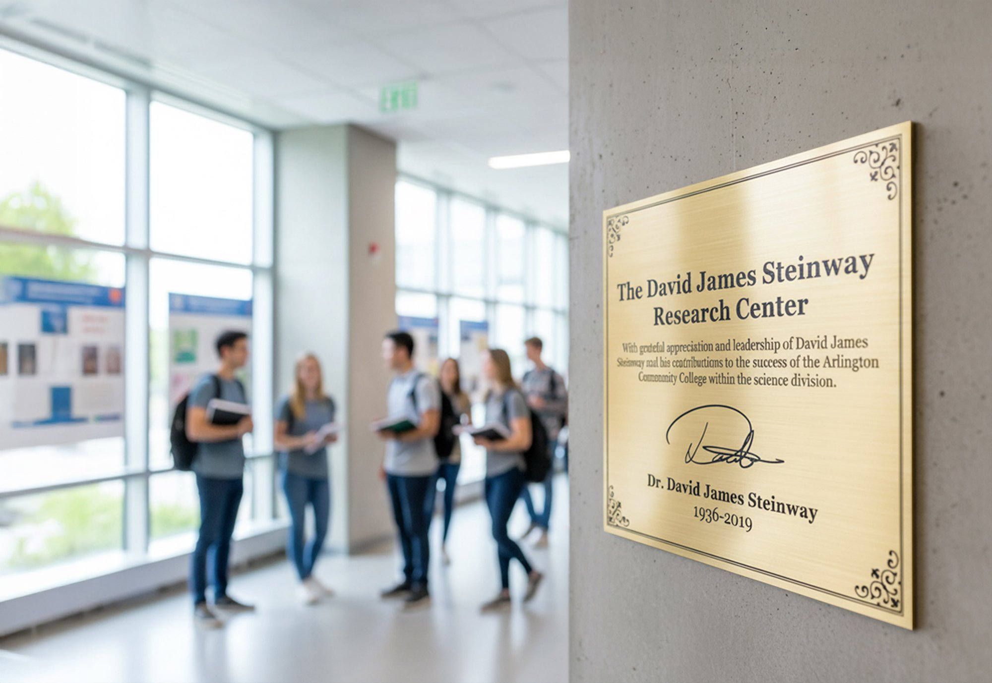 An engraved brass sign displayed in a school