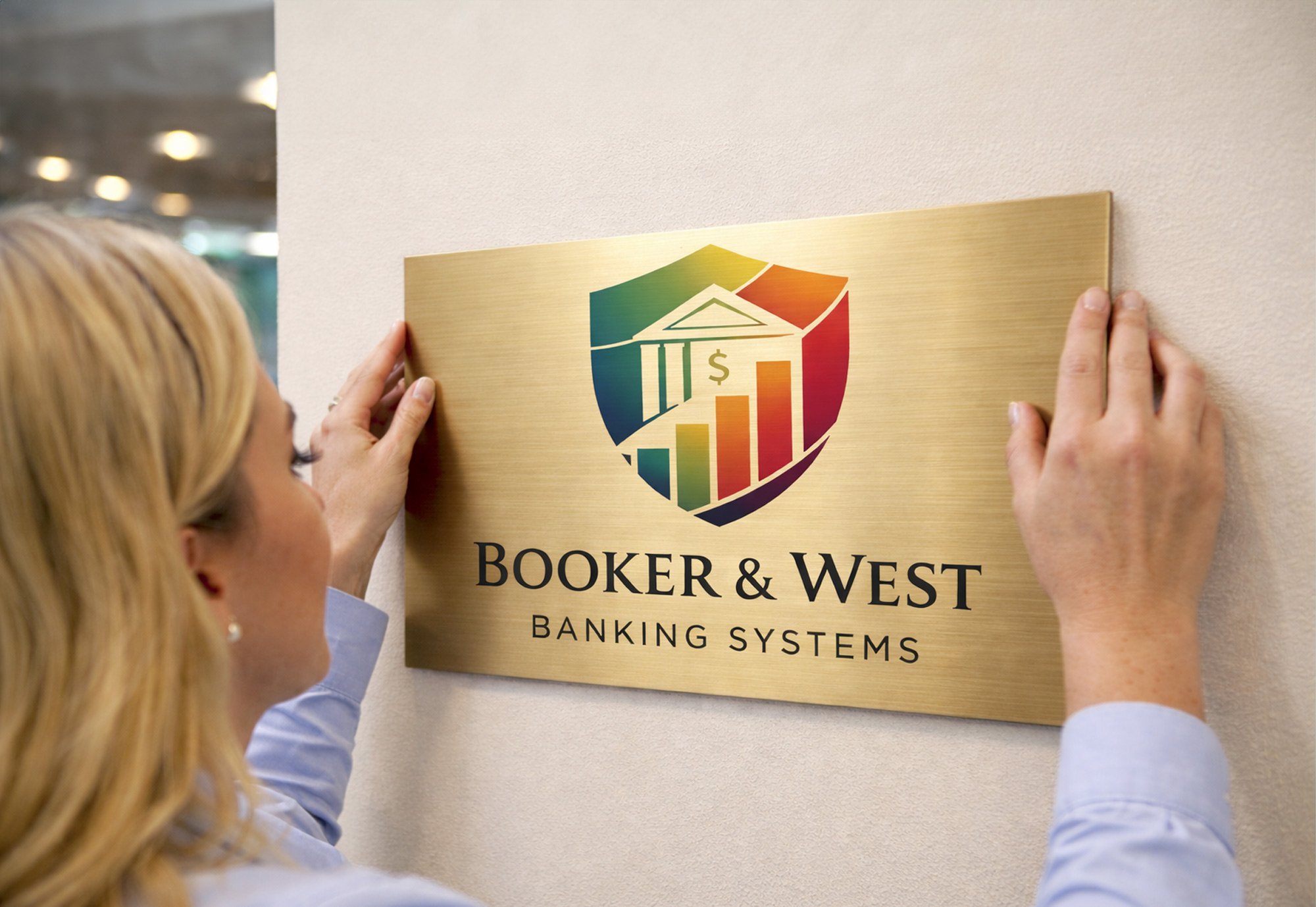 A woman hanging up a printed brass sign
